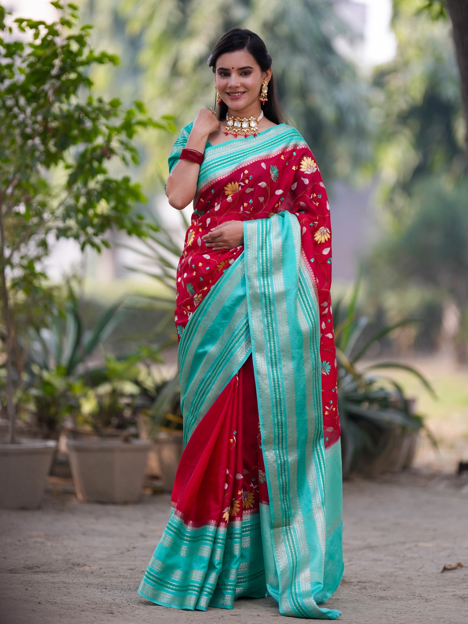 Banarasi Semi Silk Saree With Floral Weaving & Contrast Border -Red