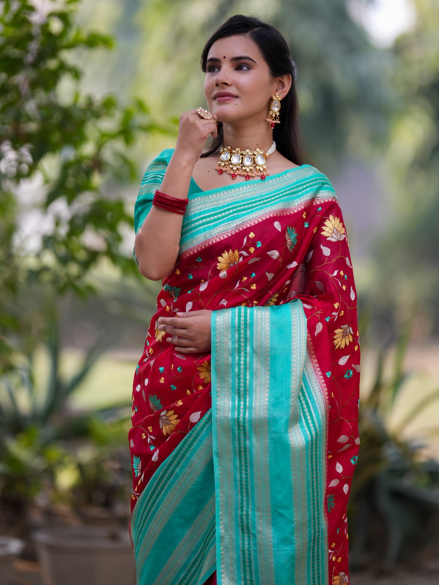 Banarasi Semi Silk Saree With Floral Weaving & Contrast Border -Red