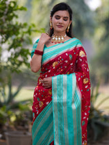 Banarasi Semi Silk Saree With Floral Weaving & Contrast Border -Red