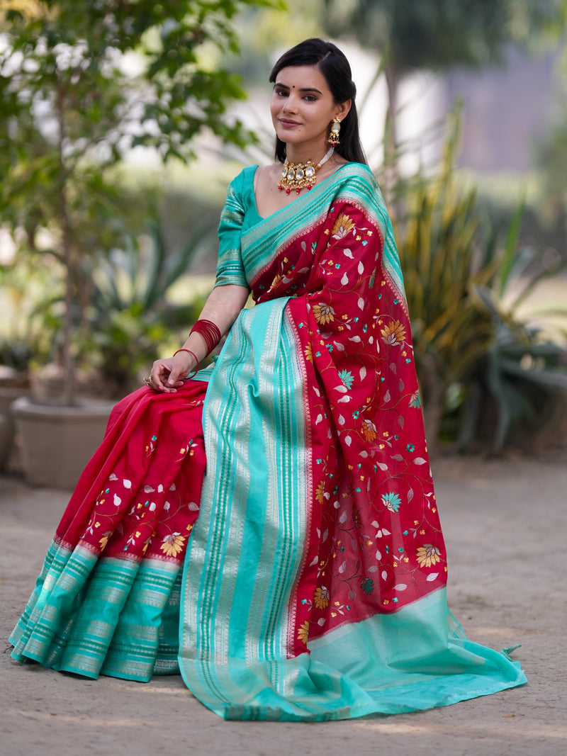 Banarasi Semi Silk Saree With Floral Weaving & Contrast Border -Red