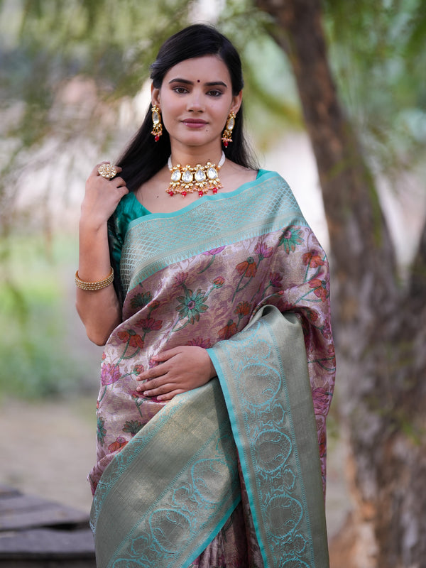 Banarasi Semi Silk Saree With Tanchoi Weaving & Contrast Border-Pink