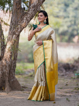 Banarasi Semi Silk Saree With Tanchoi Weaving & Contrast Border -Beige