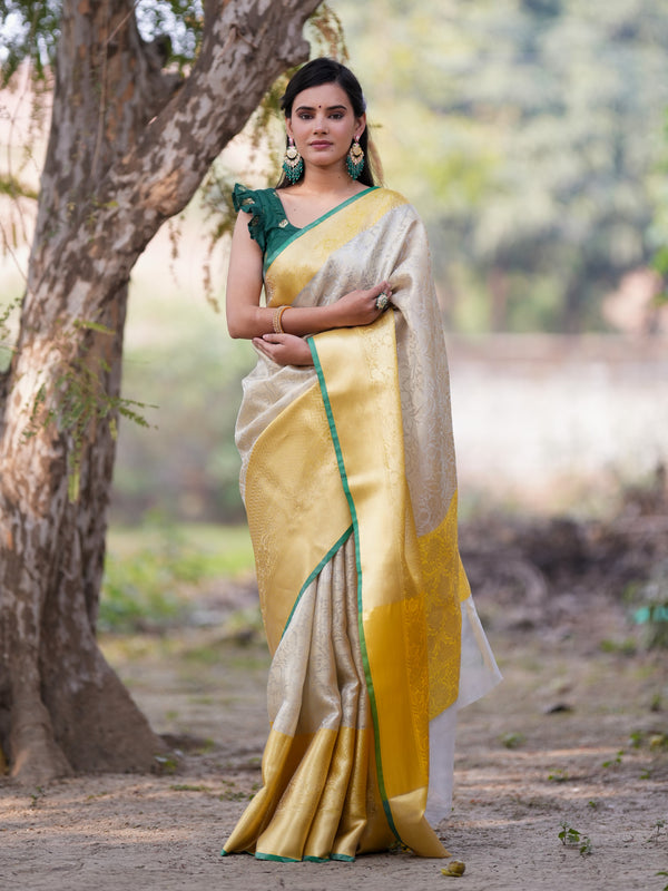 Banarasi Semi Silk Saree With Tanchoi Weaving & Contrast Border -Beige