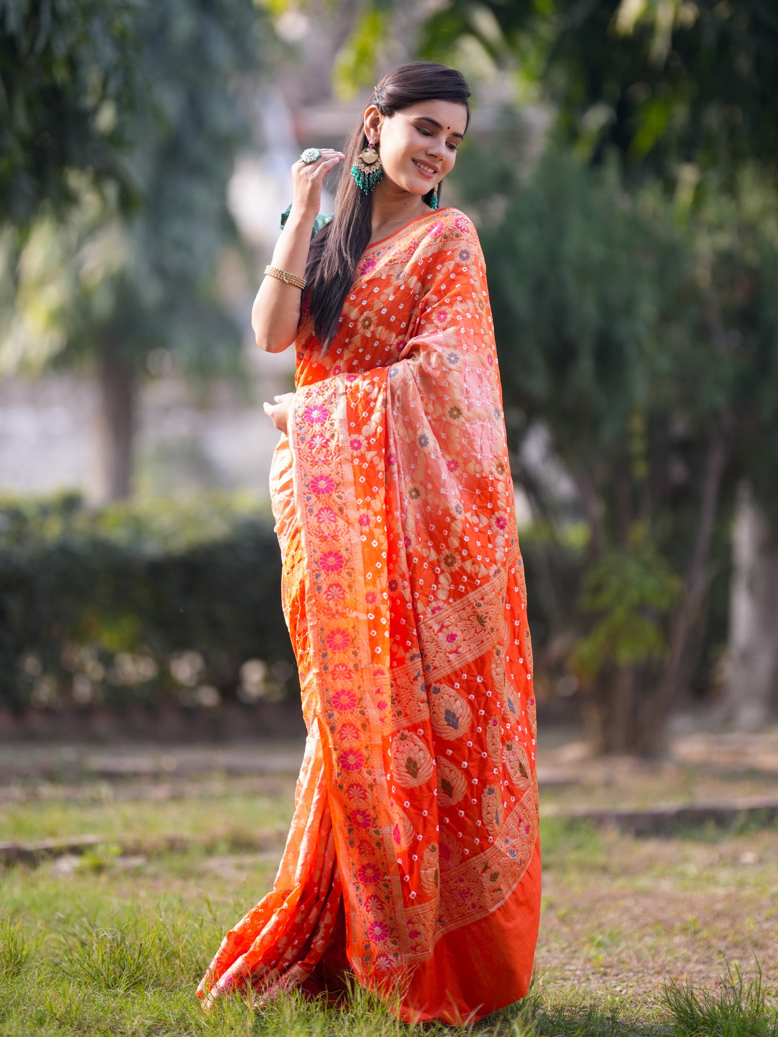 Banarasi Semi Silk Bandhani Saree With Meena & Jaal Weaving-Orange