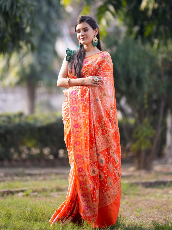 Banarasi Semi Silk Bandhani Saree With Meena & Jaal Weaving-Orange