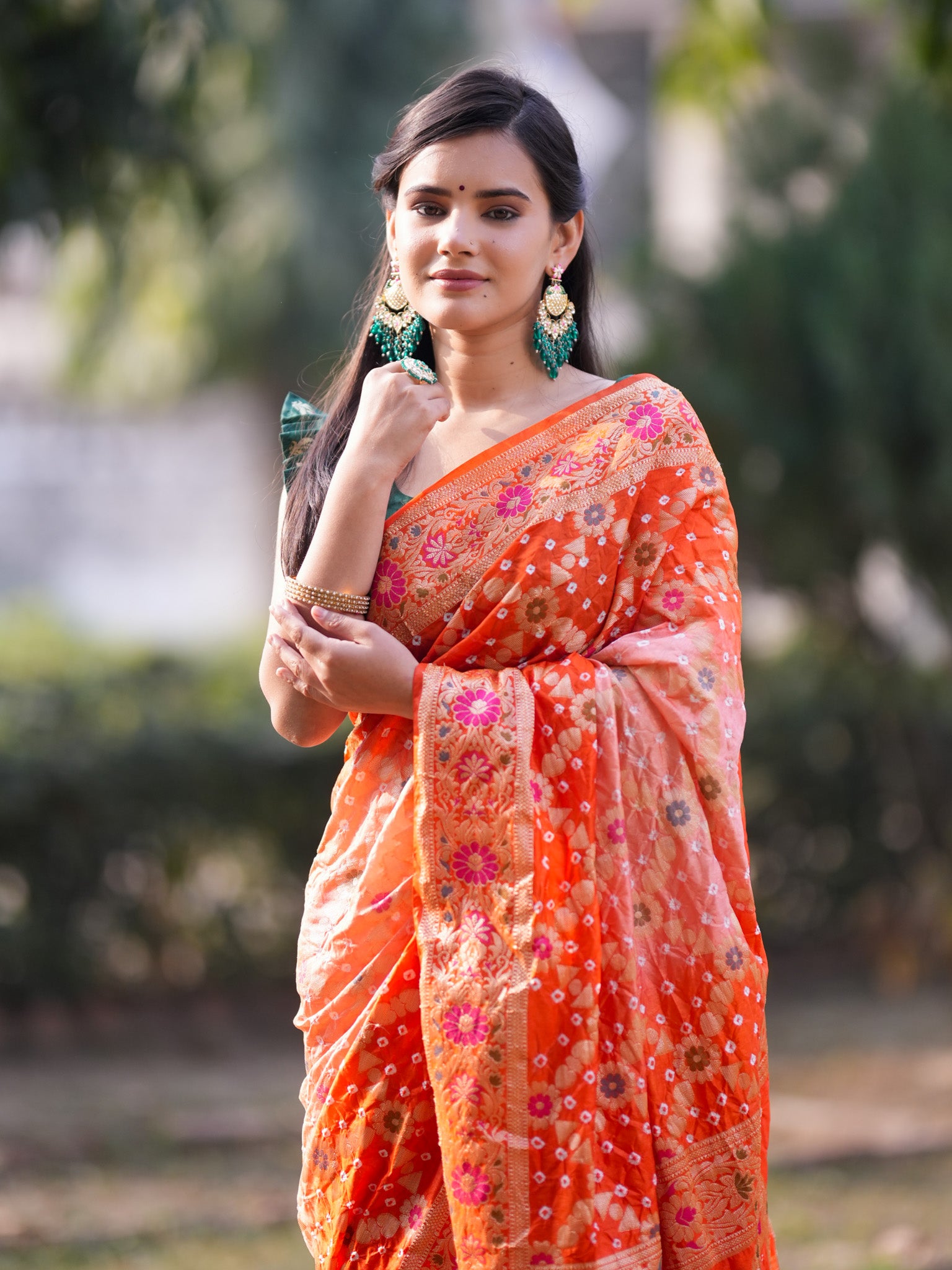 Banarasi Semi Silk Bandhani Saree With Meena & Jaal Weaving-Orange