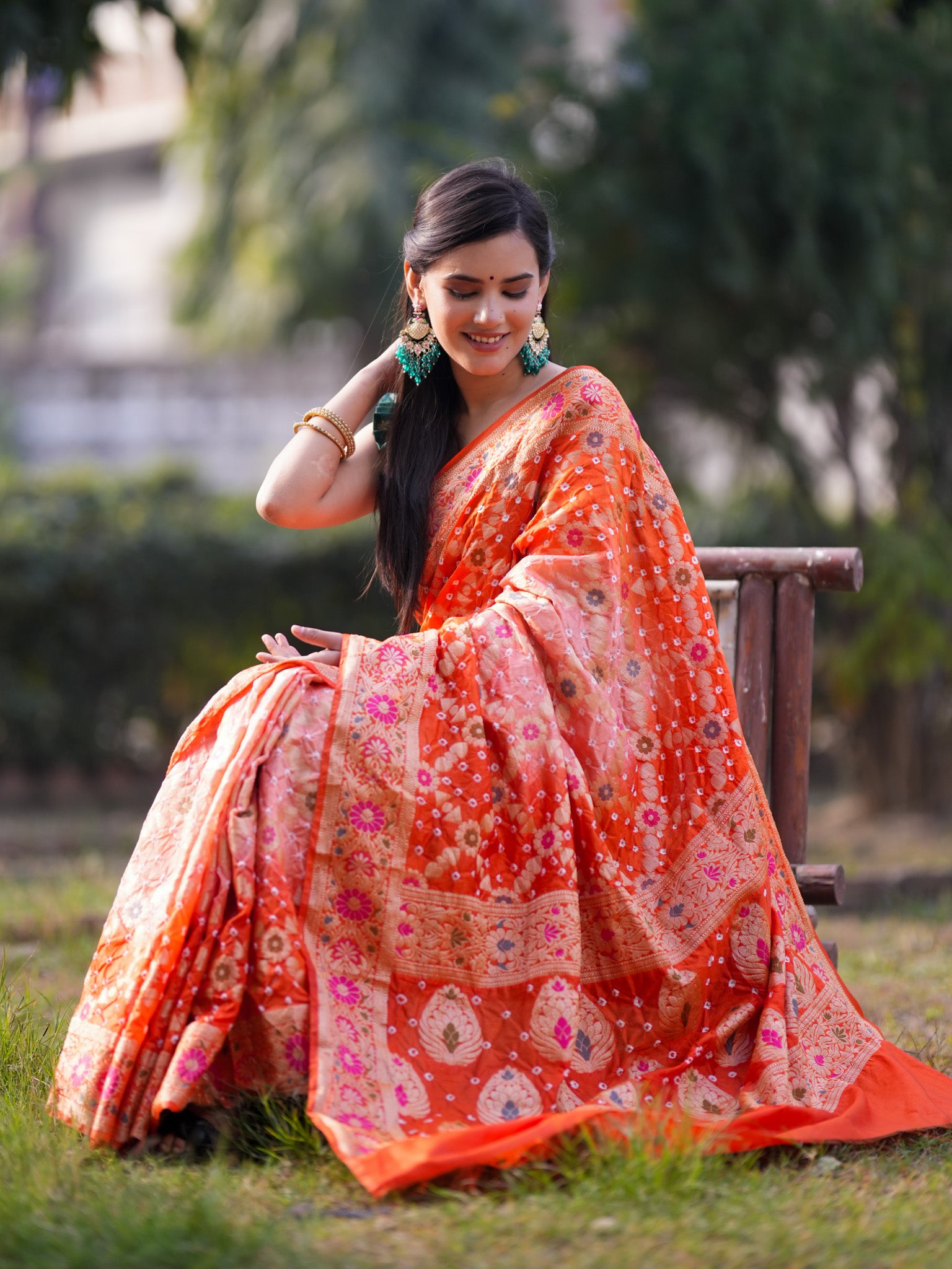 Banarasi Semi Silk Bandhani Saree With Meena & Jaal Weaving-Orange