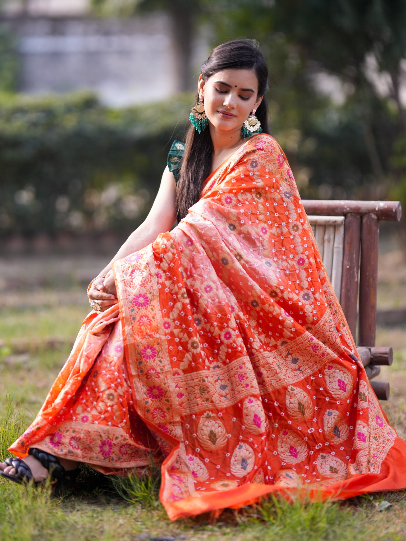 Banarasi Semi Silk Bandhani Saree With Meena & Jaal Weaving-Orange