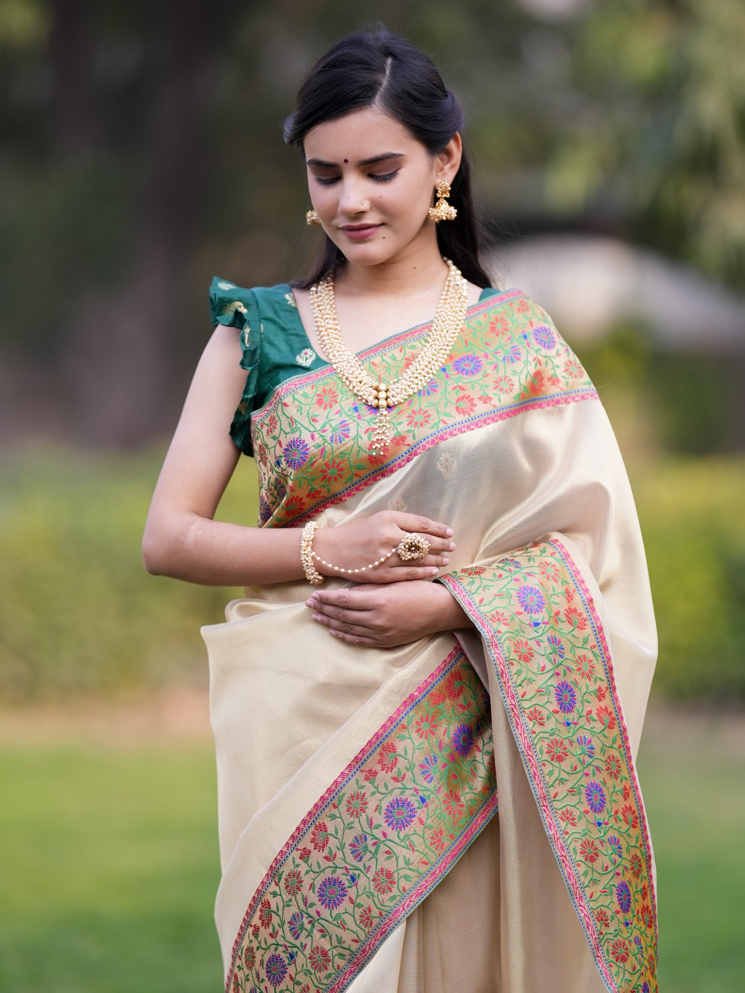 Banarasi Tissue Saree With Contrast Border-Golden