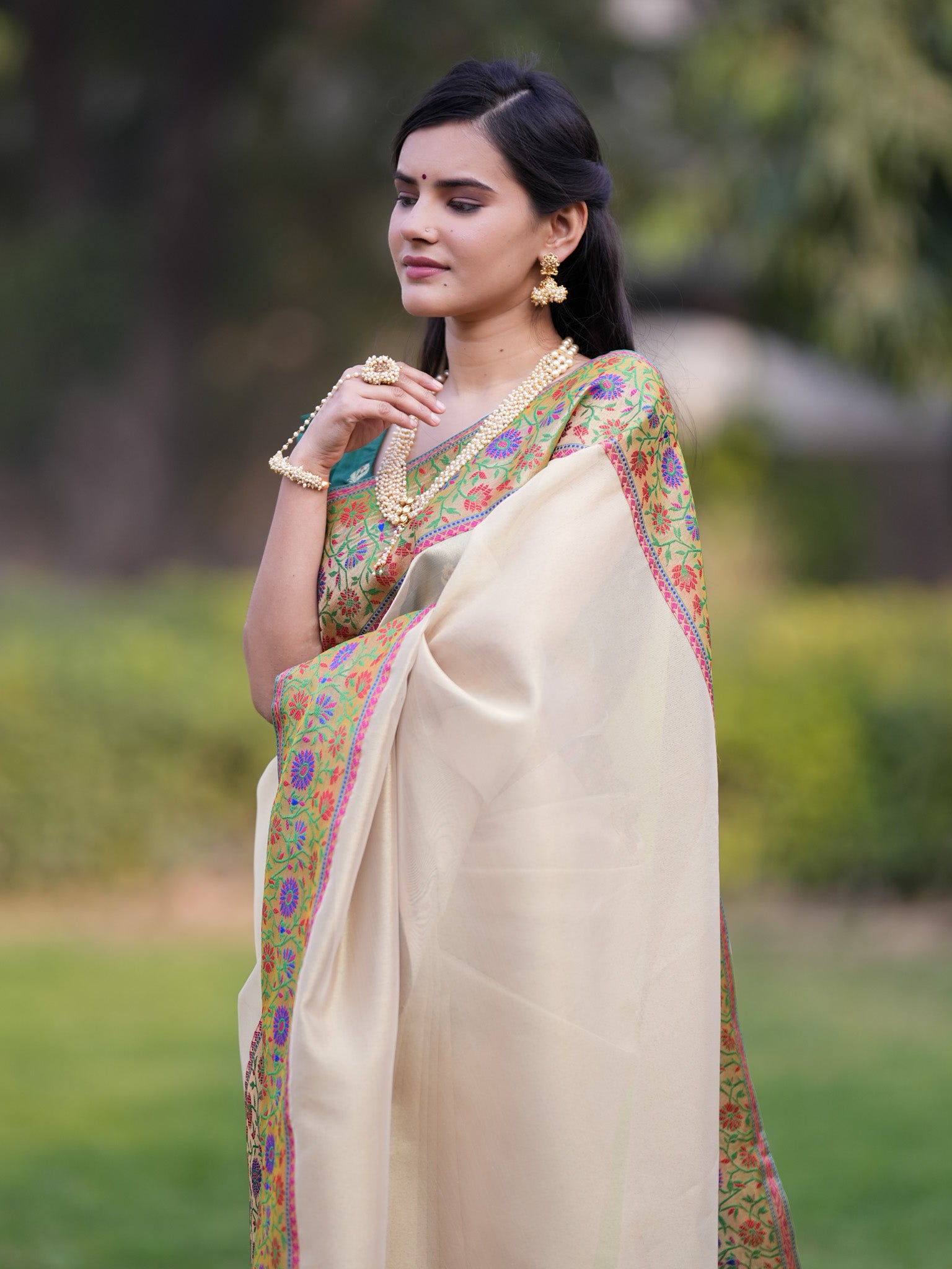 Banarasi Tissue Saree With Contrast Border-Golden