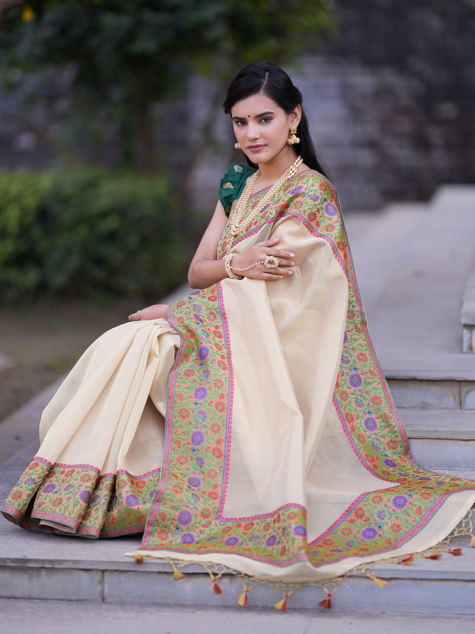 Banarasi Tissue Saree With Contrast Border-Golden