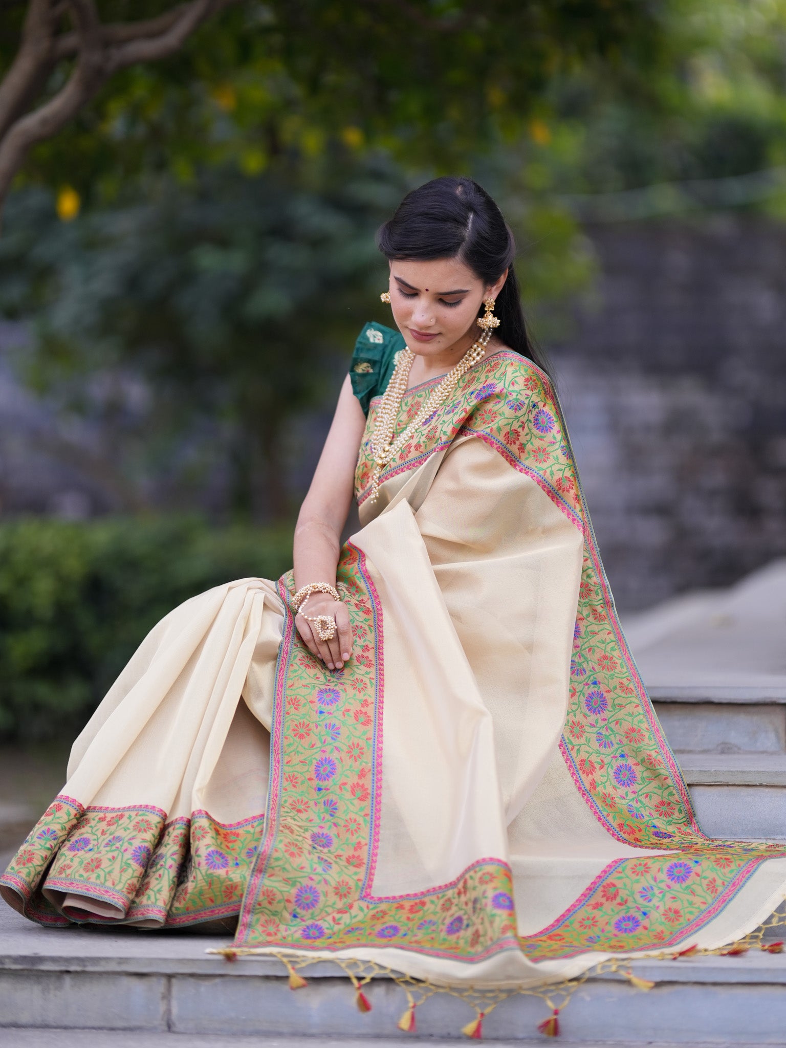 Banarasi Tissue Saree With Contrast Border-Golden