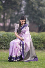Banarasi Semi Silk Saree With Floral Zari Weaving & Contrast Border -Lavender