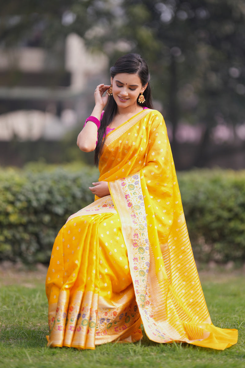Banarasi Kora Saree With Zari Weaving & Meena Border-Yellow