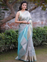 Banarasi Crushed Tissue Saree With Silver Weaving Border-Blue
