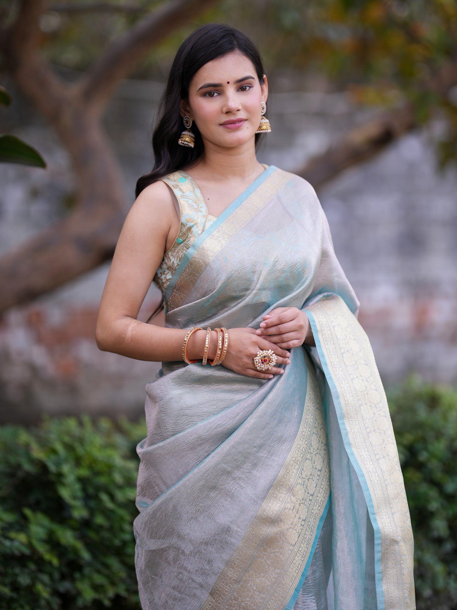 Banarasi Crushed Tissue Saree With Silver Weaving Border-Blue