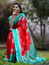 Banarasi Semi Silk Saree With Floral Zari Weaving & Contrast Border -Orange