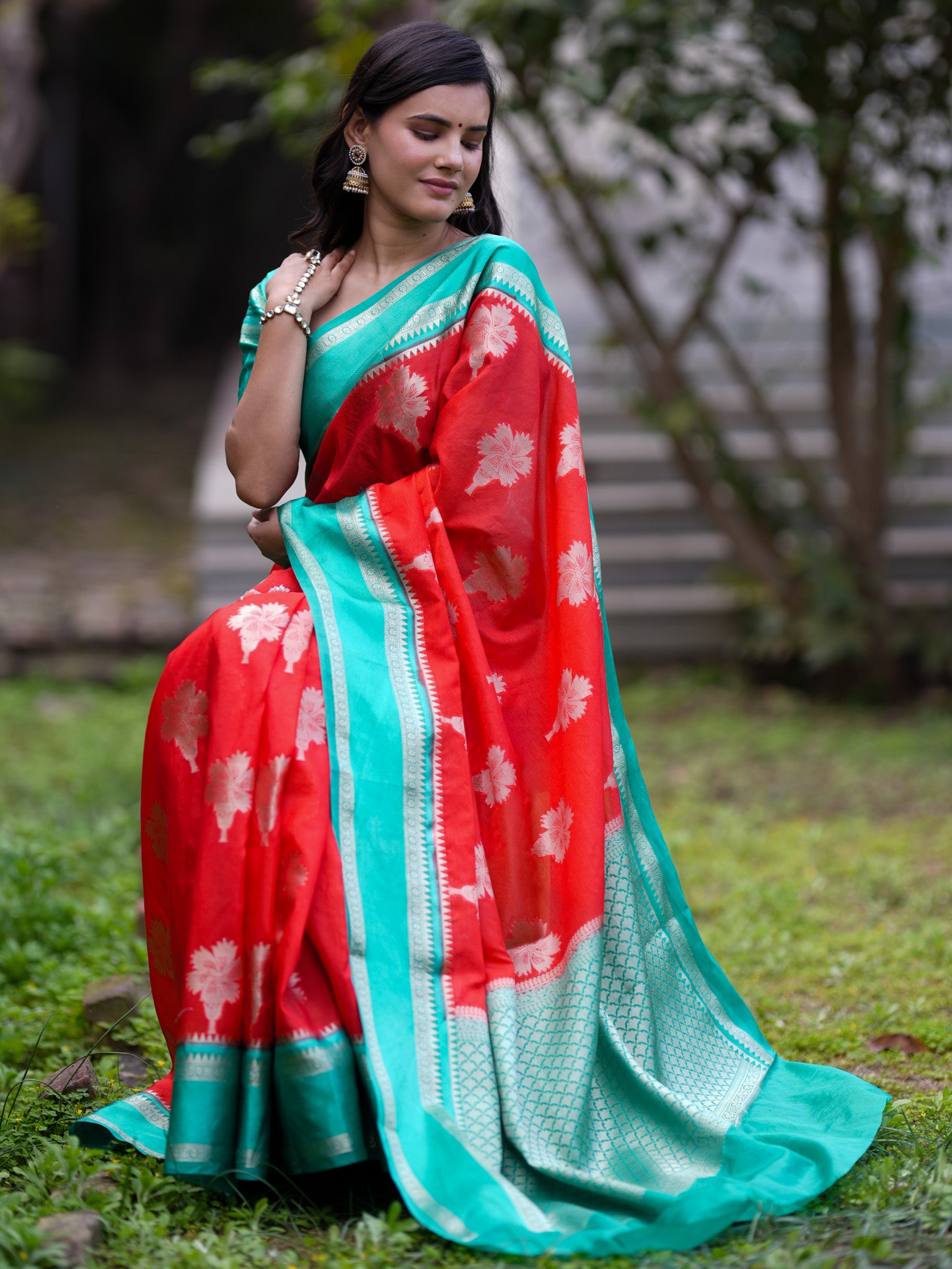 Banarasi Semi Silk Saree With Floral Zari Weaving & Contrast Border -Orange