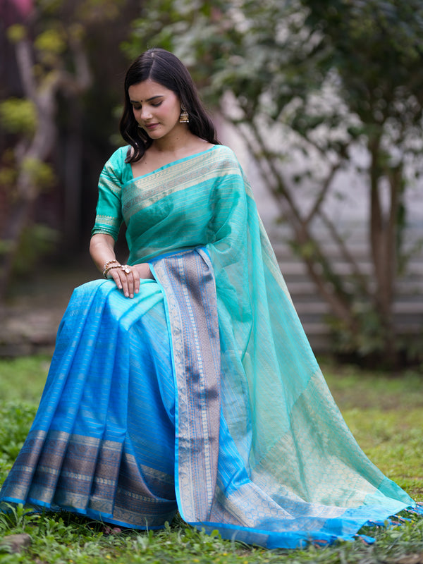 Banarasi Cotton Mix Saree With Zari Weaving -Blue