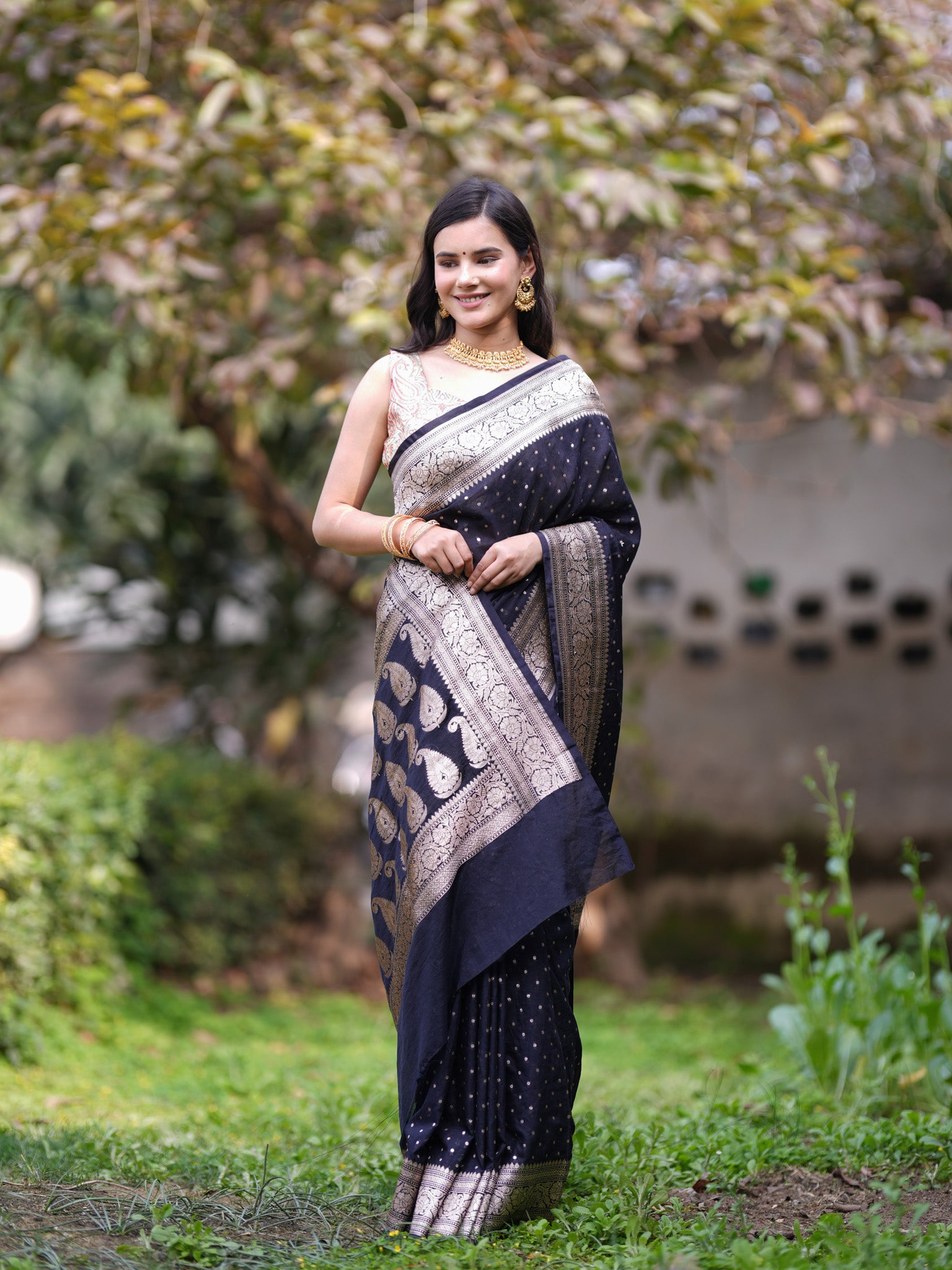 Banarasi  Semi Chiffon Saree Silver Zari Buti Weaving & Border-Black