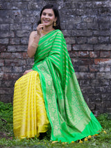 Banarasi Cotton Silk Dual Shade Saree With Zari Weaving & Border - Green & Yellow