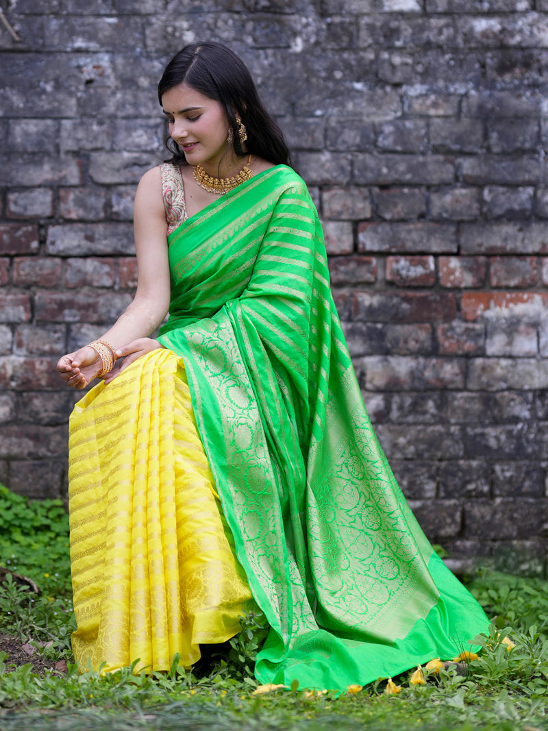 Banarasi Cotton Silk Dual Shade Saree With Zari Weaving & Border - Green & Yellow