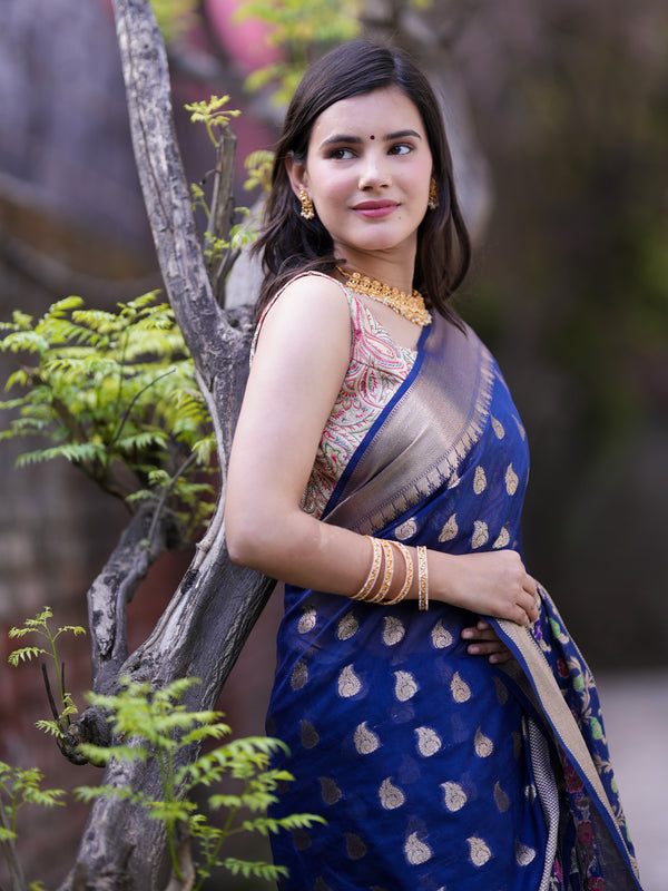 Banarasi Cotton Silk Saree With Zari Weaving & Meena Border-Blue