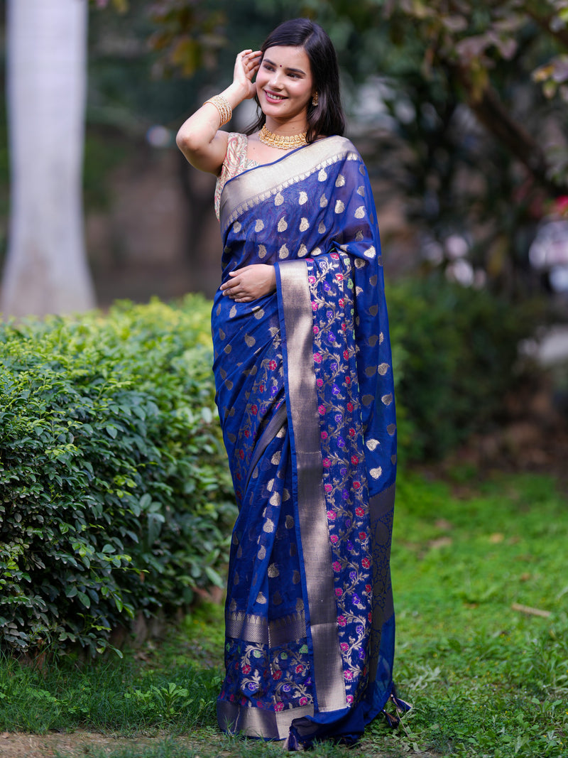 Banarasi Cotton Silk Saree With Zari Weaving & Meena Border-Blue