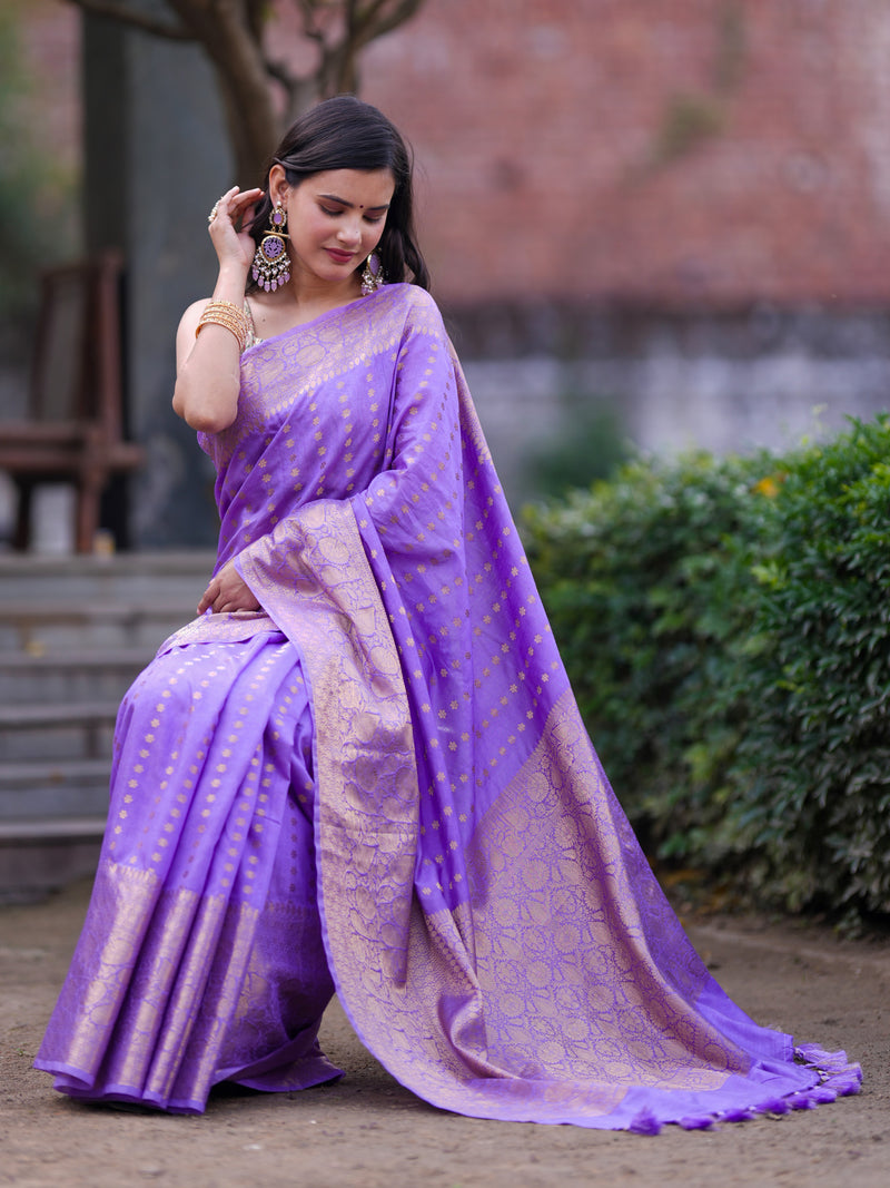 Banarasi Cotton Mix Saree With Buti & Zari Border - Lavender