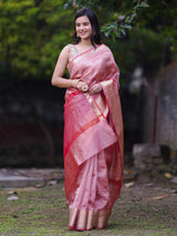 Banarasi Crushed Tissue Saree With Silver Weaving Border-Red
