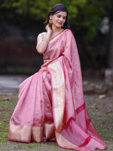 Banarasi Crushed Tissue Saree With Silver Weaving Border-Red