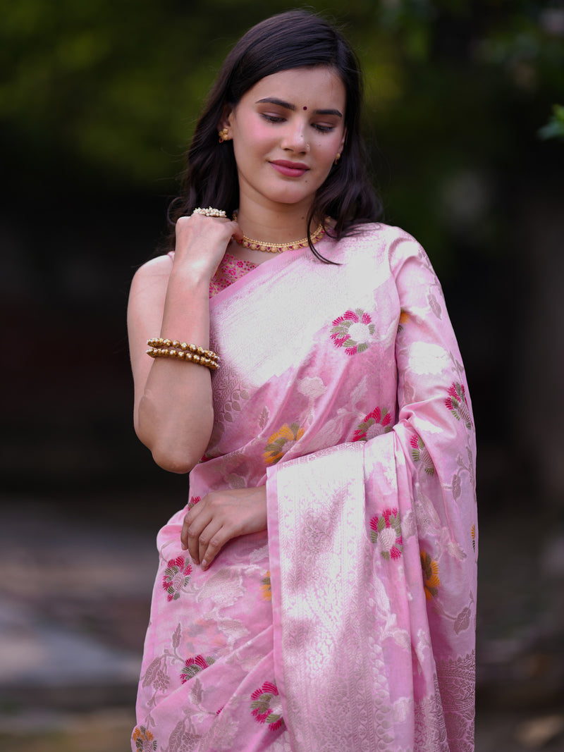 Banarasi Cotton Silk Saree with Floral Weaving & Border-Pink