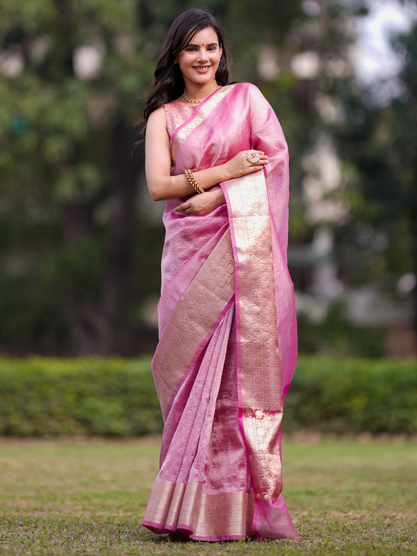 Banarasi Crushed Tissue Saree With Silver Weaving Border-Pink