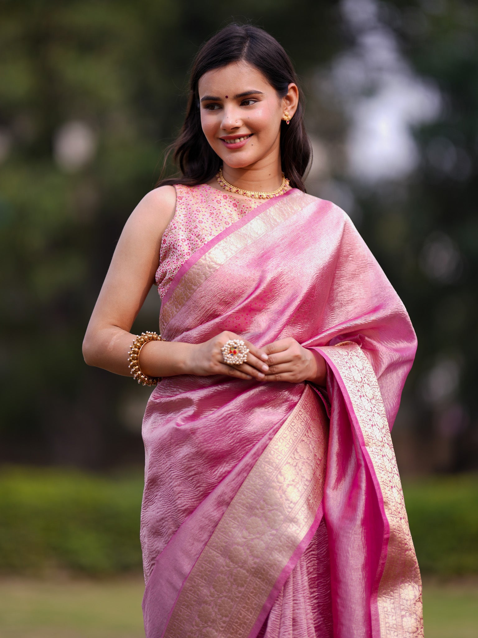 Banarasi Crushed Tissue Saree With Silver Weaving Border-Pink