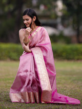 Banarasi Crushed Tissue Saree With Silver Weaving Border-Pink
