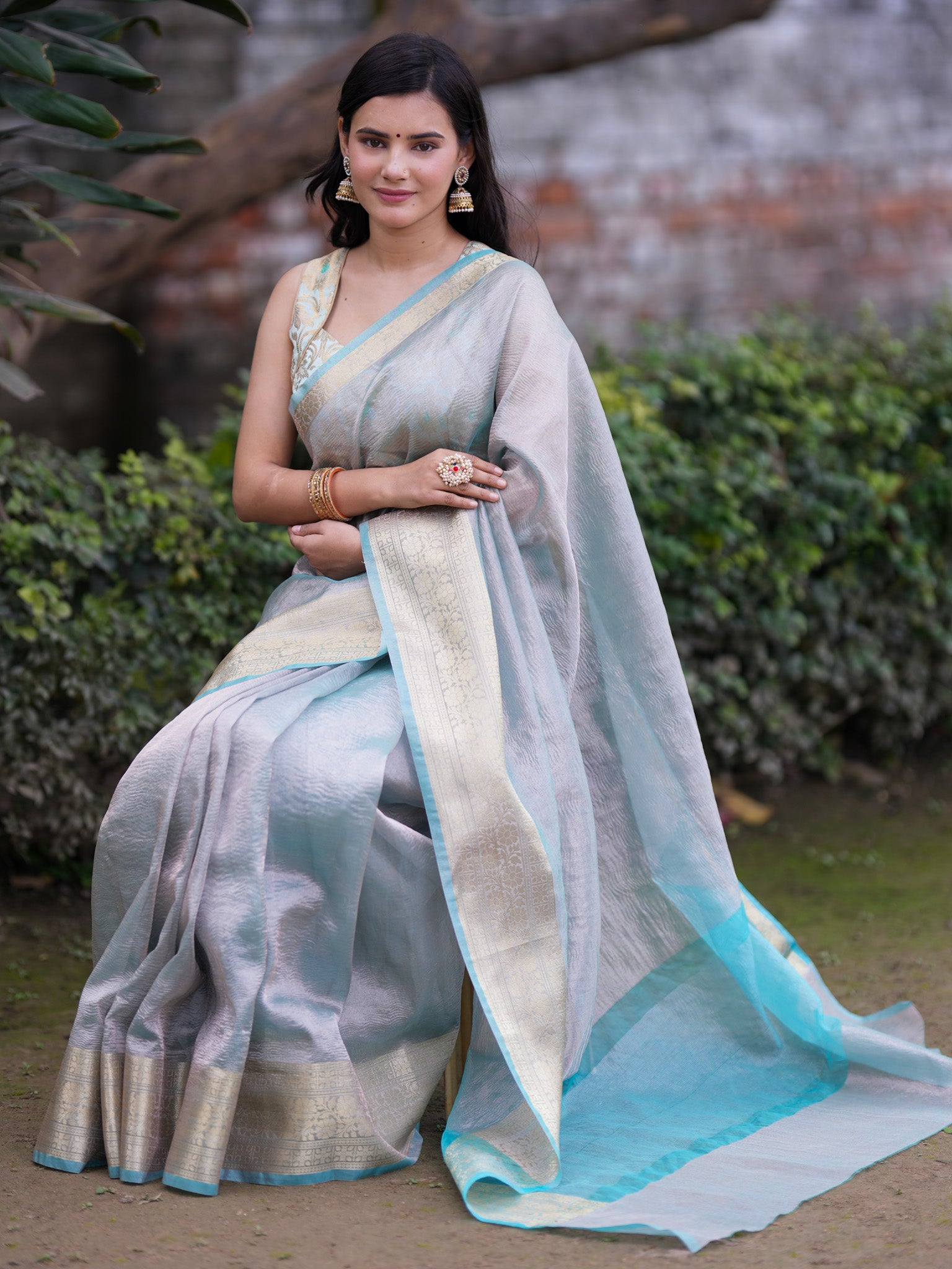 Banarasi Crushed Tissue Saree With Silver Weaving Border-Blue