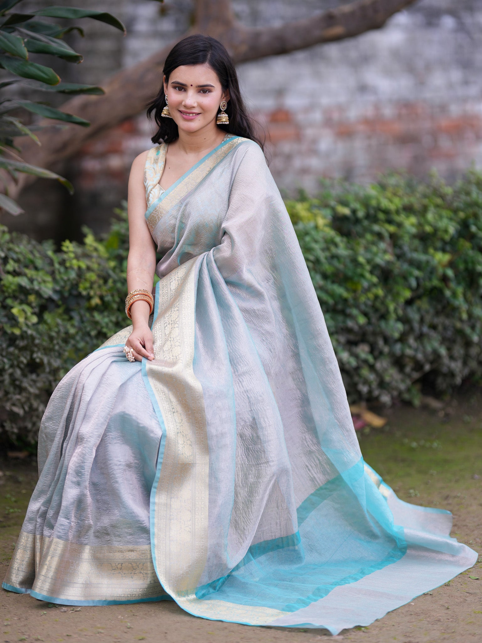 Banarasi Crushed Tissue Saree With Silver Weaving Border-Blue