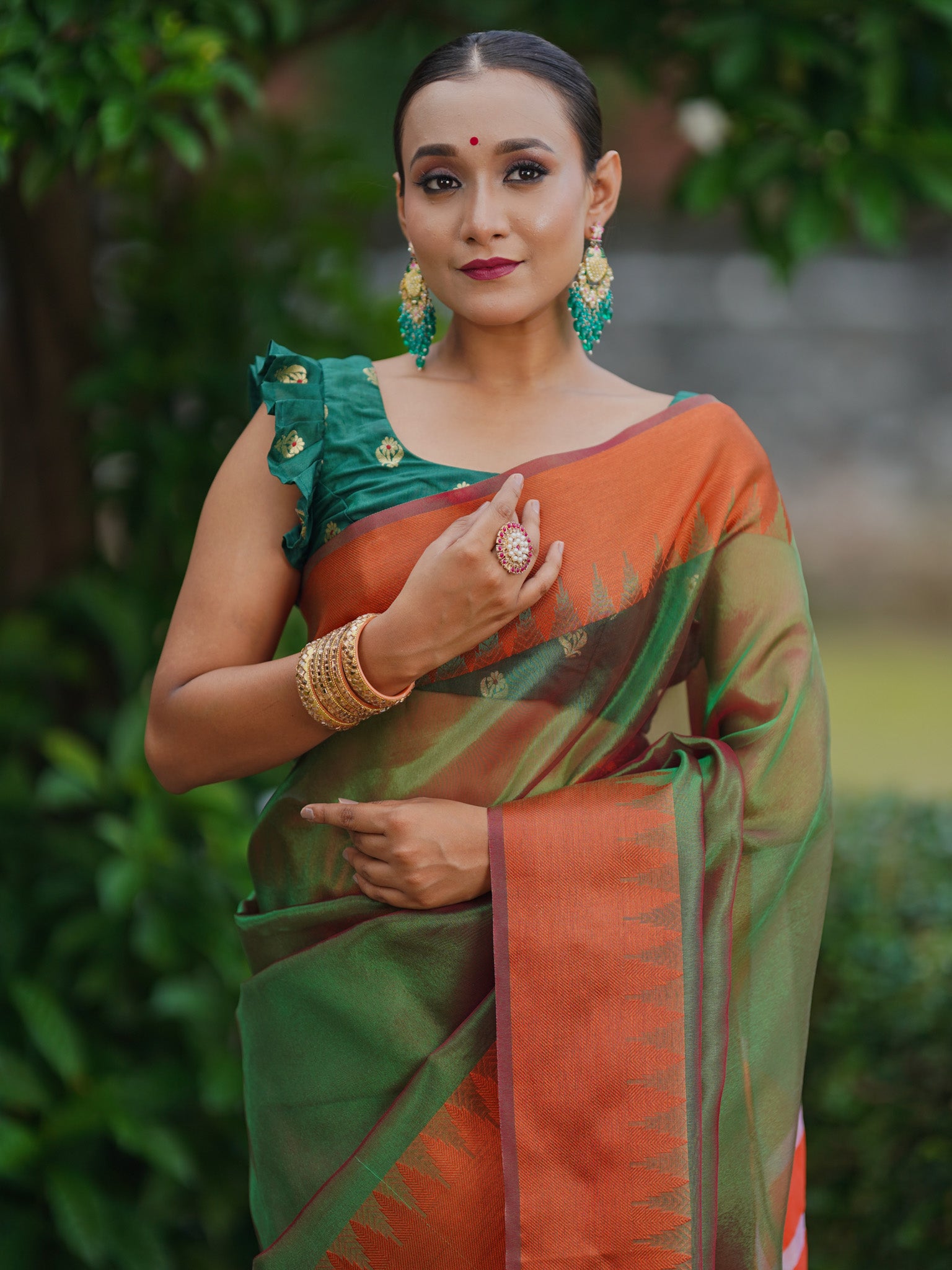 Banarasi Plain Shaded Tissue Saree With Zari Border - Green