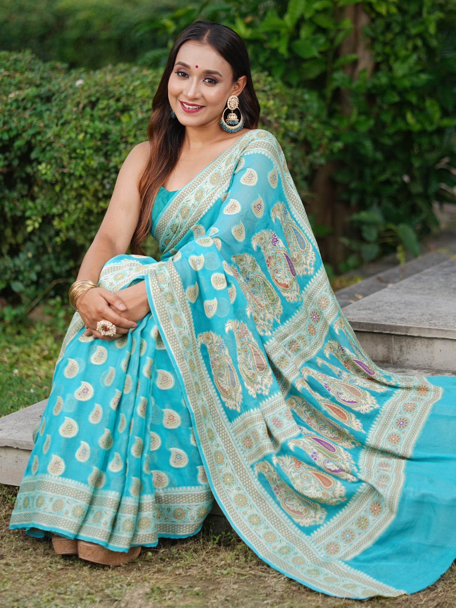 Banaras Pure Georgette Saree With Resham Weaving- Sky Blue