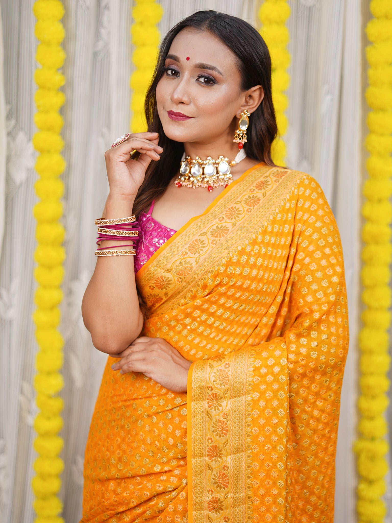 Banaras Pure Georgette Saree With Resham Buti Weaving-Yellow