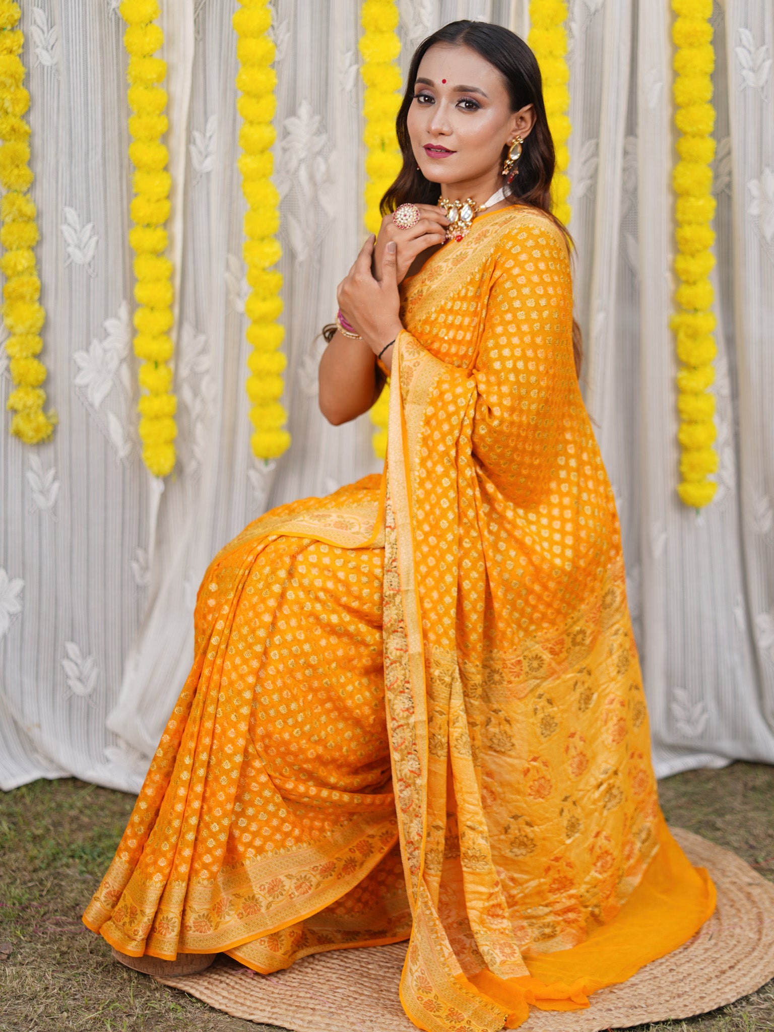 Banaras Pure Georgette Saree With Resham Buti Weaving-Yellow