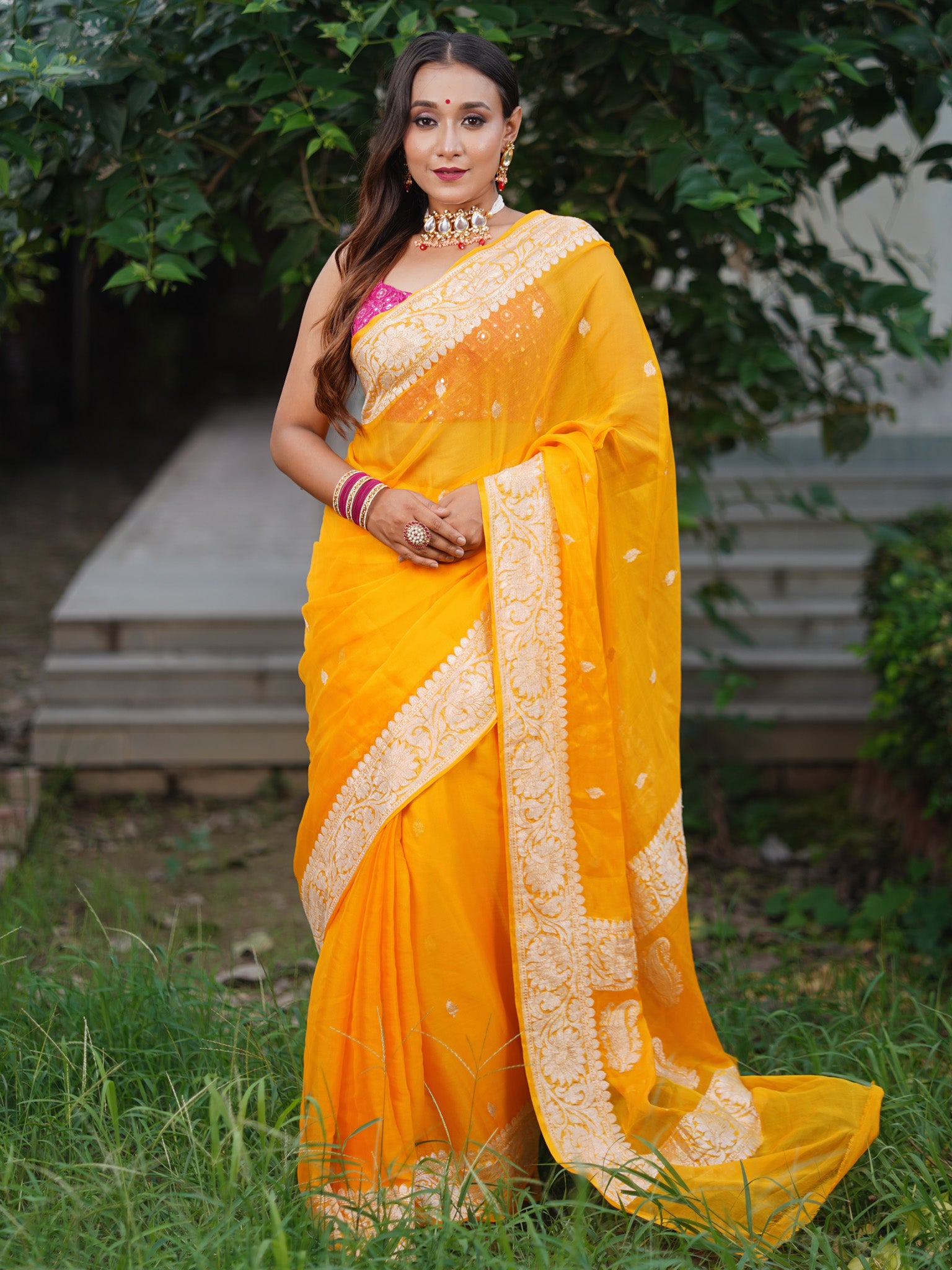 Banarasi Pure Khaddi Georgette Saree With Silver Zari Buti  Weaving- Yellow