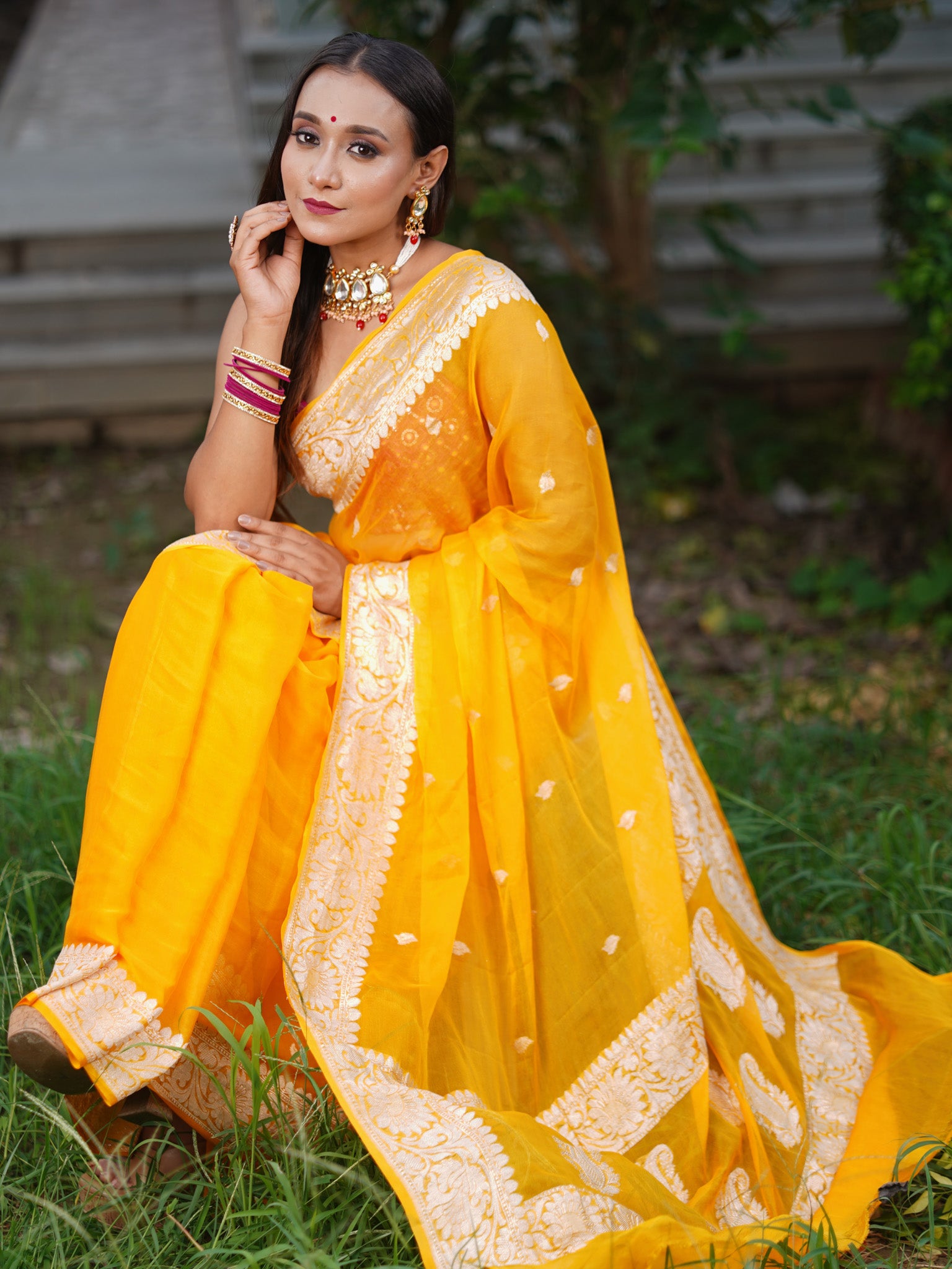 Banarasi Pure Khaddi Georgette Saree With Silver Zari Buti  Weaving- Yellow