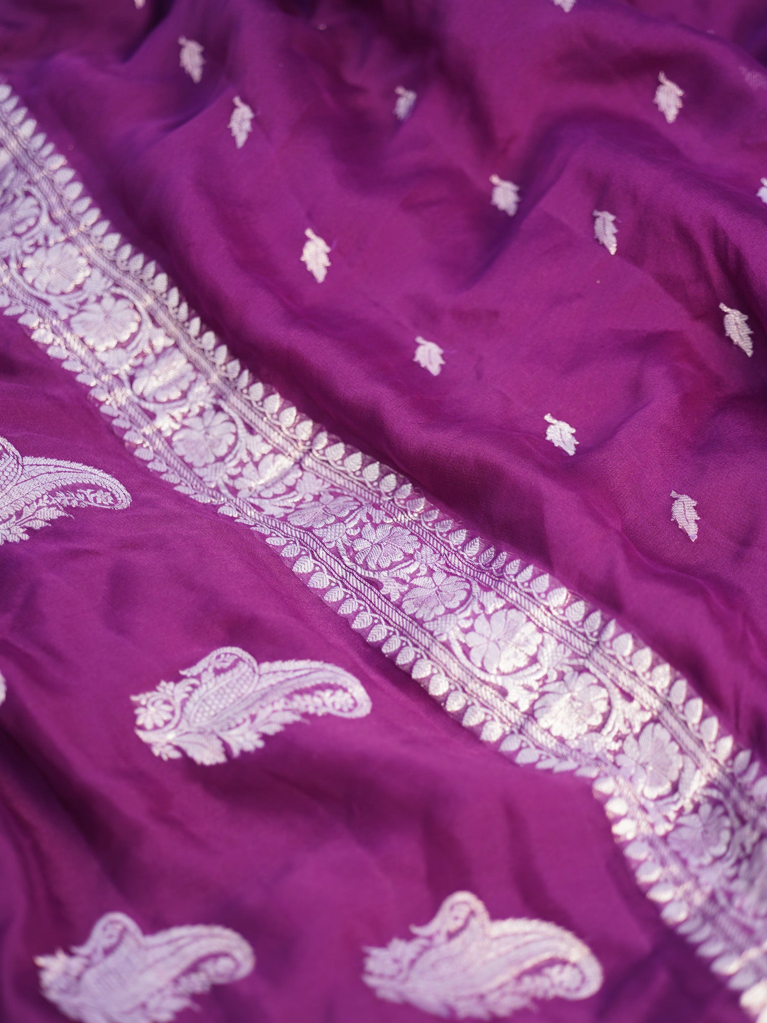 Banarasi Pure Khaddi Georgette Saree With Silver Zari Buti  Weaving- Wine