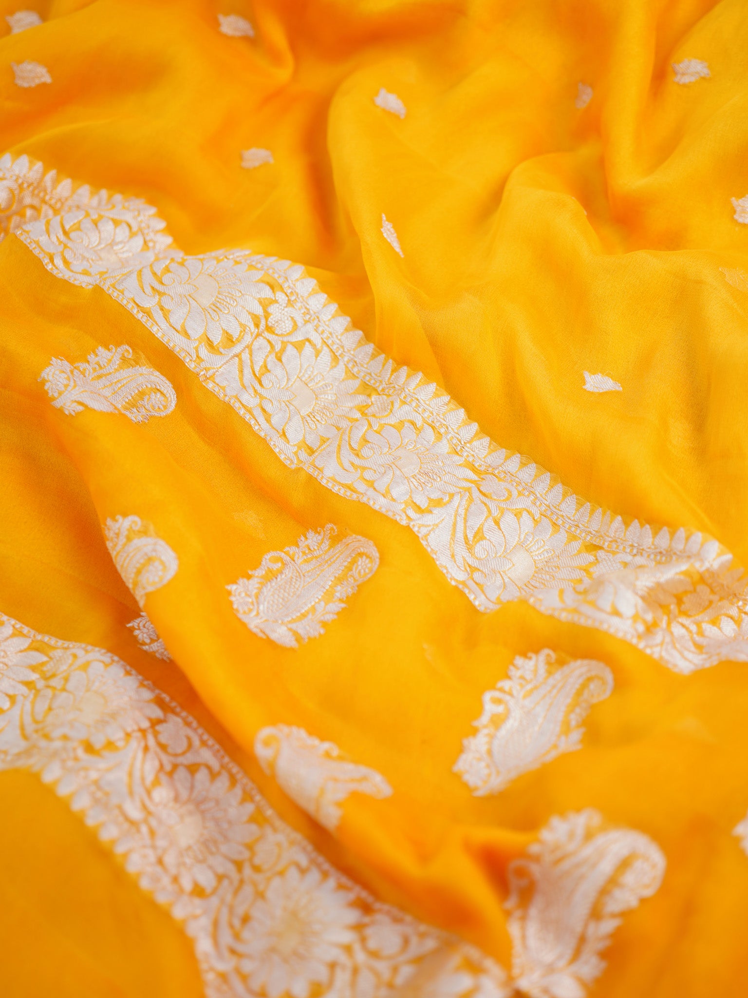 Banarasi Pure Khaddi Georgette Saree With Silver Zari Buti  Weaving- Yellow