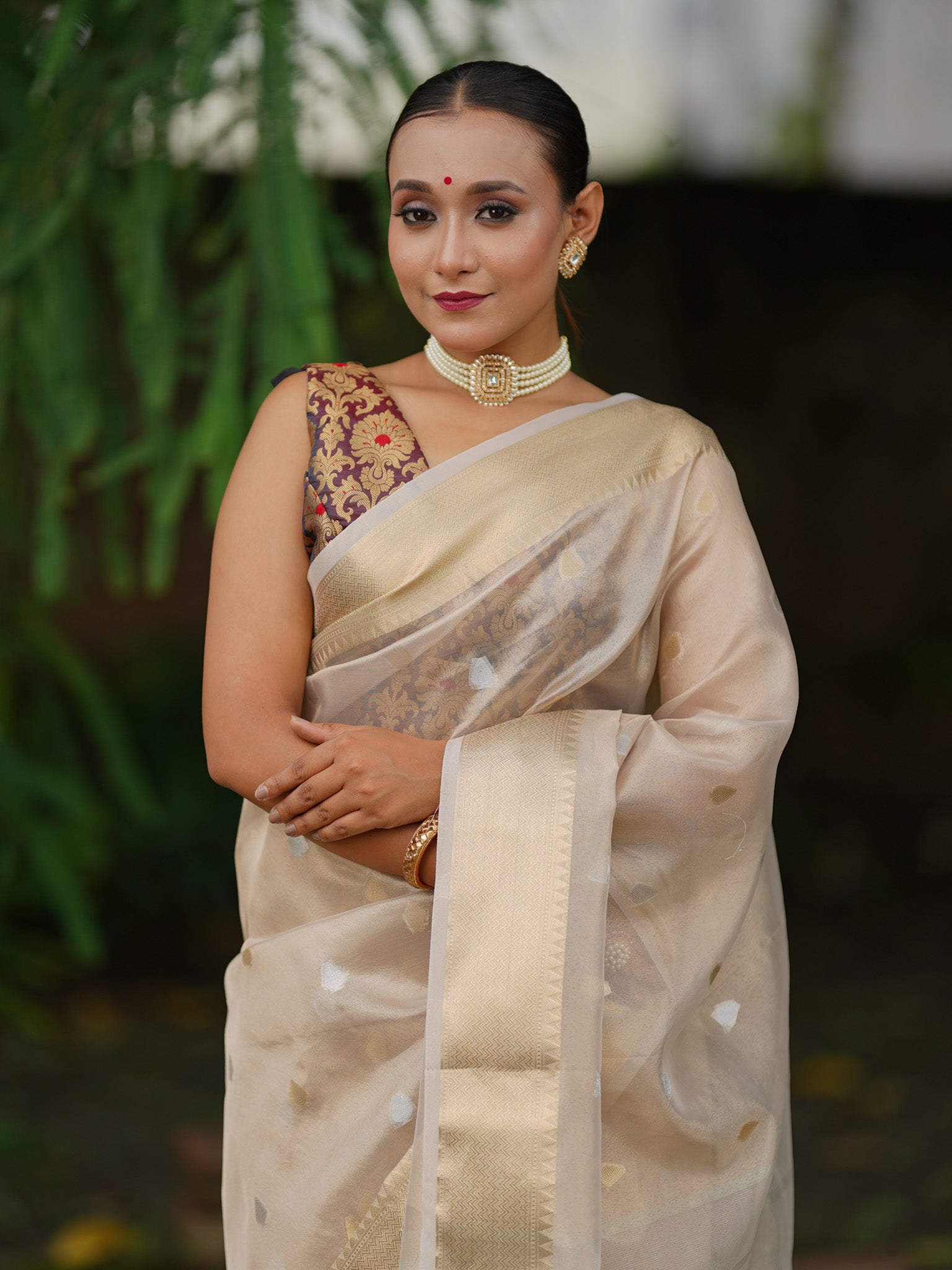 Banarasi Tissue Saree With Silver Zari Buti & Border - Grey