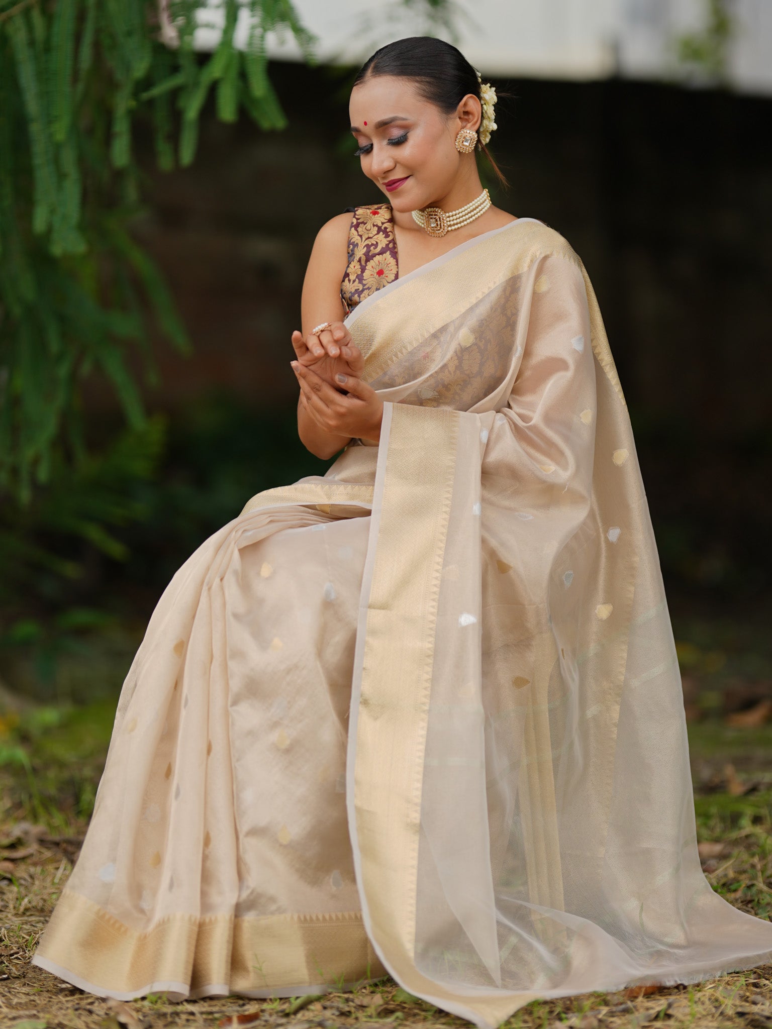 Banarasi Tissue Saree With Silver Zari Buti & Border - Grey