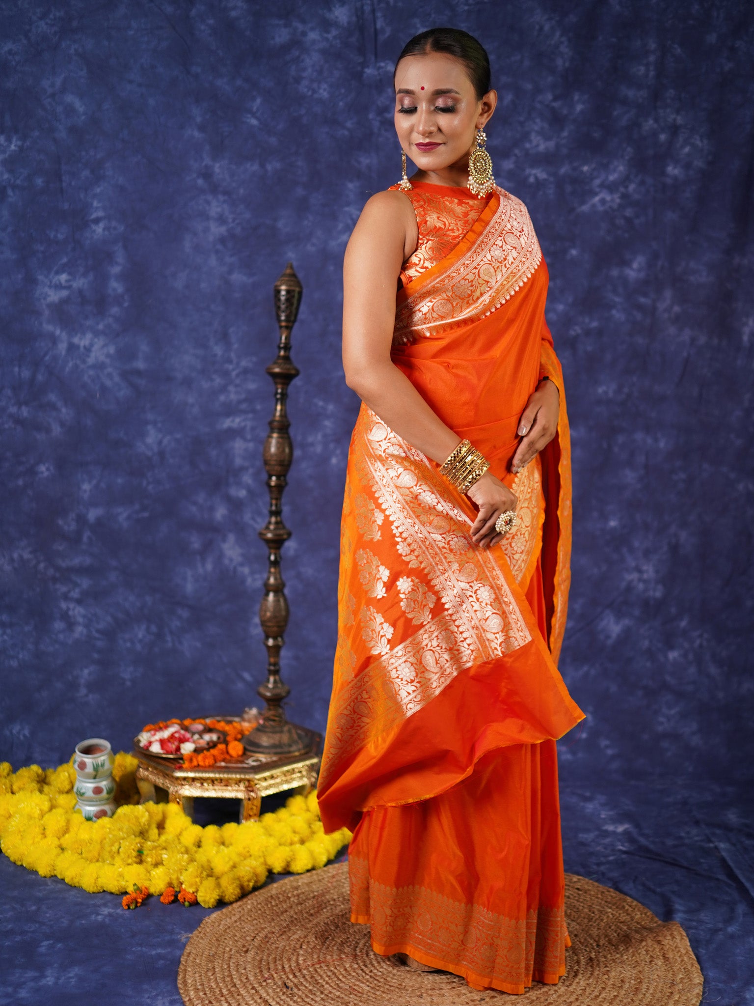 Banarasi Plain Semi Silk Saree With Zari Border - Orange