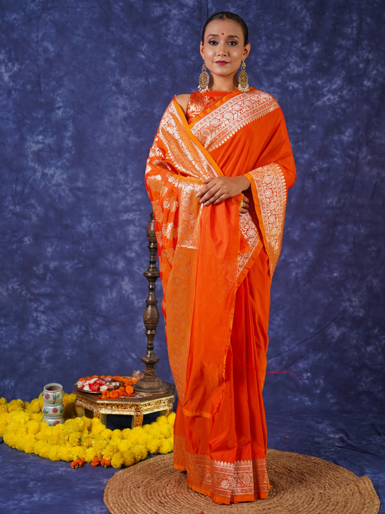 Banarasi Plain Semi Silk Saree With Zari Border - Orange