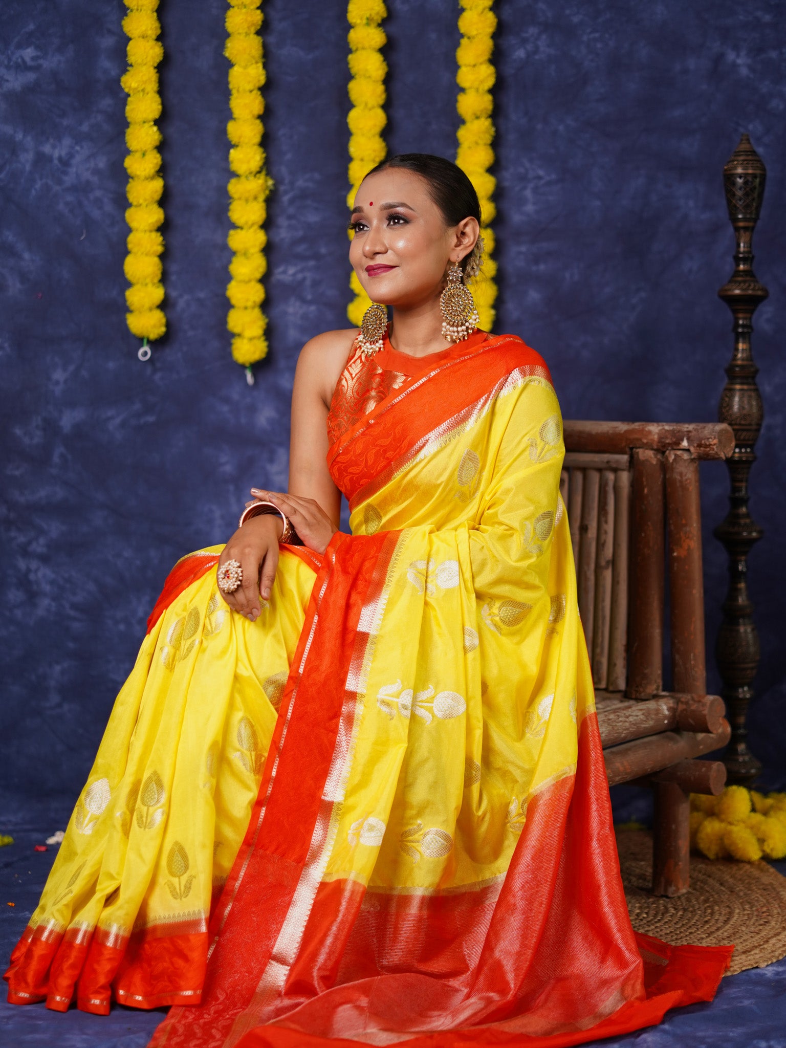 Banarasi Semi Silk Saree With Floral Zari Weaving & Contrast Border - Yellow